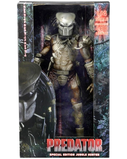 VaultifyUK NECA Predator Jungle Hunter 1/4 scale collectible figure in window box packaging with LED light-up feature