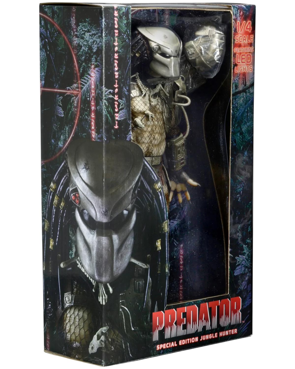 VaultifyUK NECA Predator Jungle Hunter 1/4 scale collectible figure in window display box with LED light-up feature
