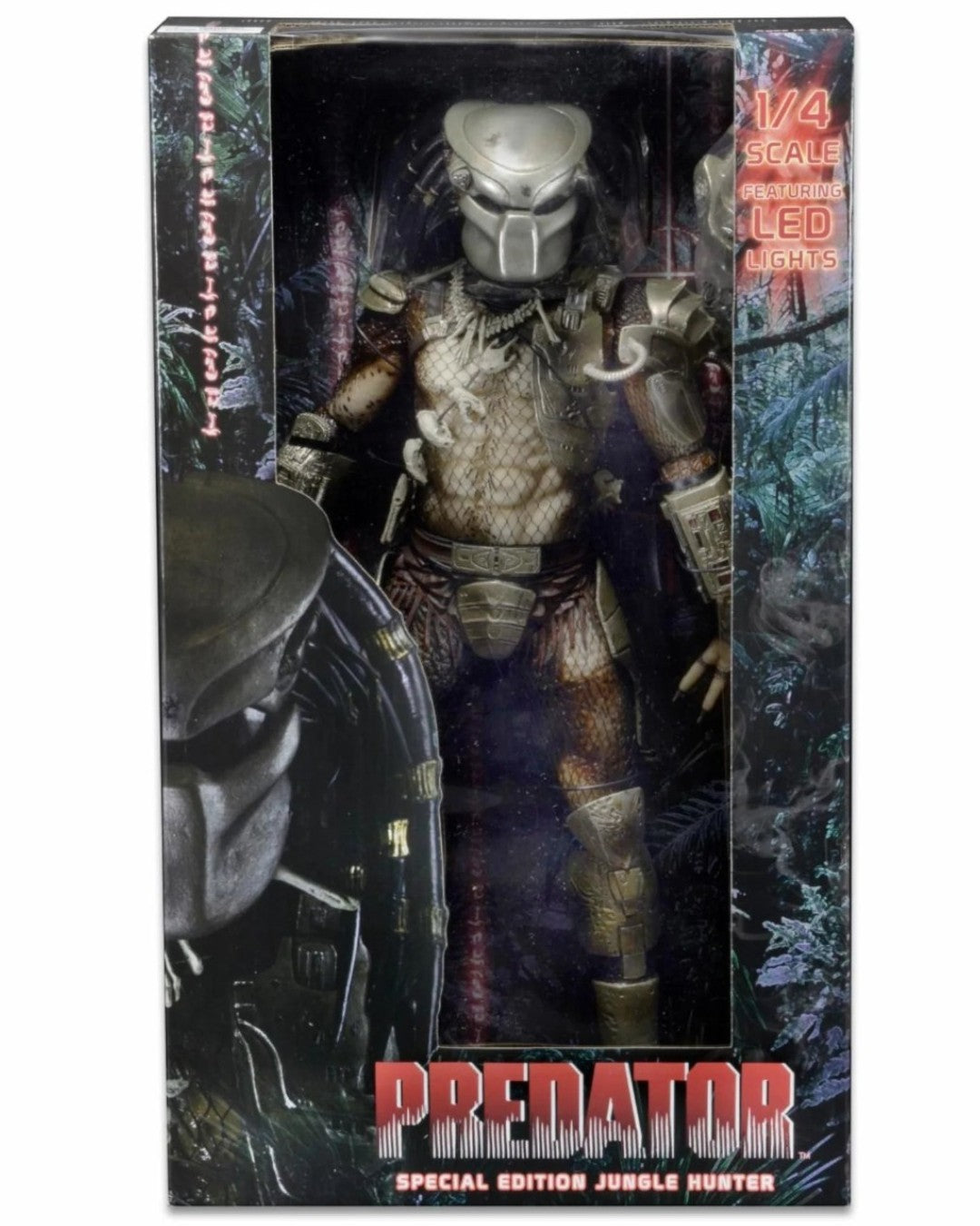 VaultifyUK NECA Predator Jungle Hunter 1/4 scale collectible figure in window box packaging with LED light-up helmet.