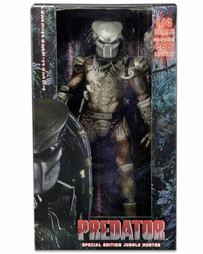 VaultifyUK NECA Predator Jungle Hunter 1/4 scale collectible figure in window box packaging with LED light-up helmet.