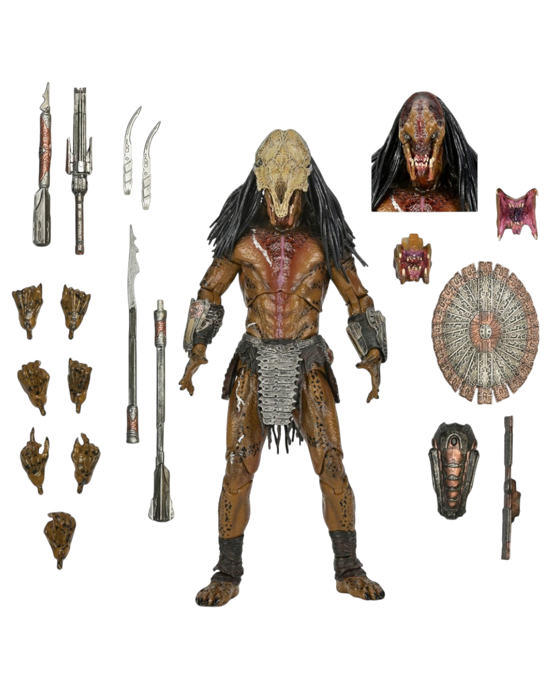 VaultifyUK NECA Prey Feral Predator 7-inch action figure with skull mask, interchangeable hands, and movie accessories.