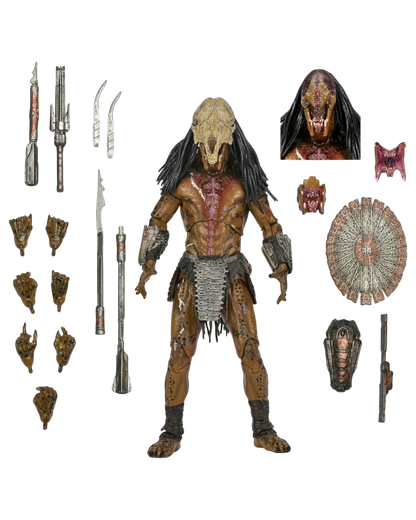 VaultifyUK NECA Prey Feral Predator 7-inch action figure with skull mask, interchangeable hands, and movie accessories.