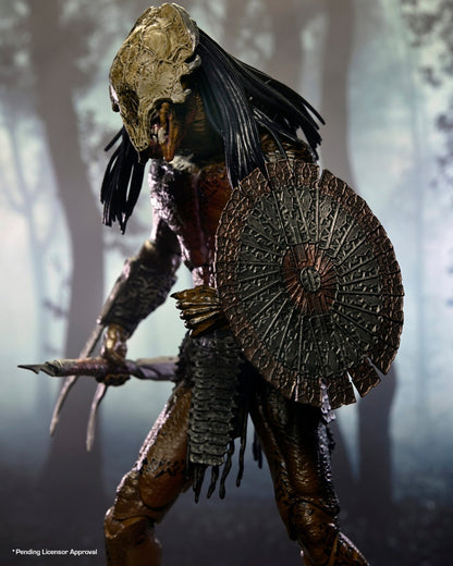 VaultifyUK NECA Prey Feral Predator 7-inch action figure with bone mask, detailed armour, and circular shield