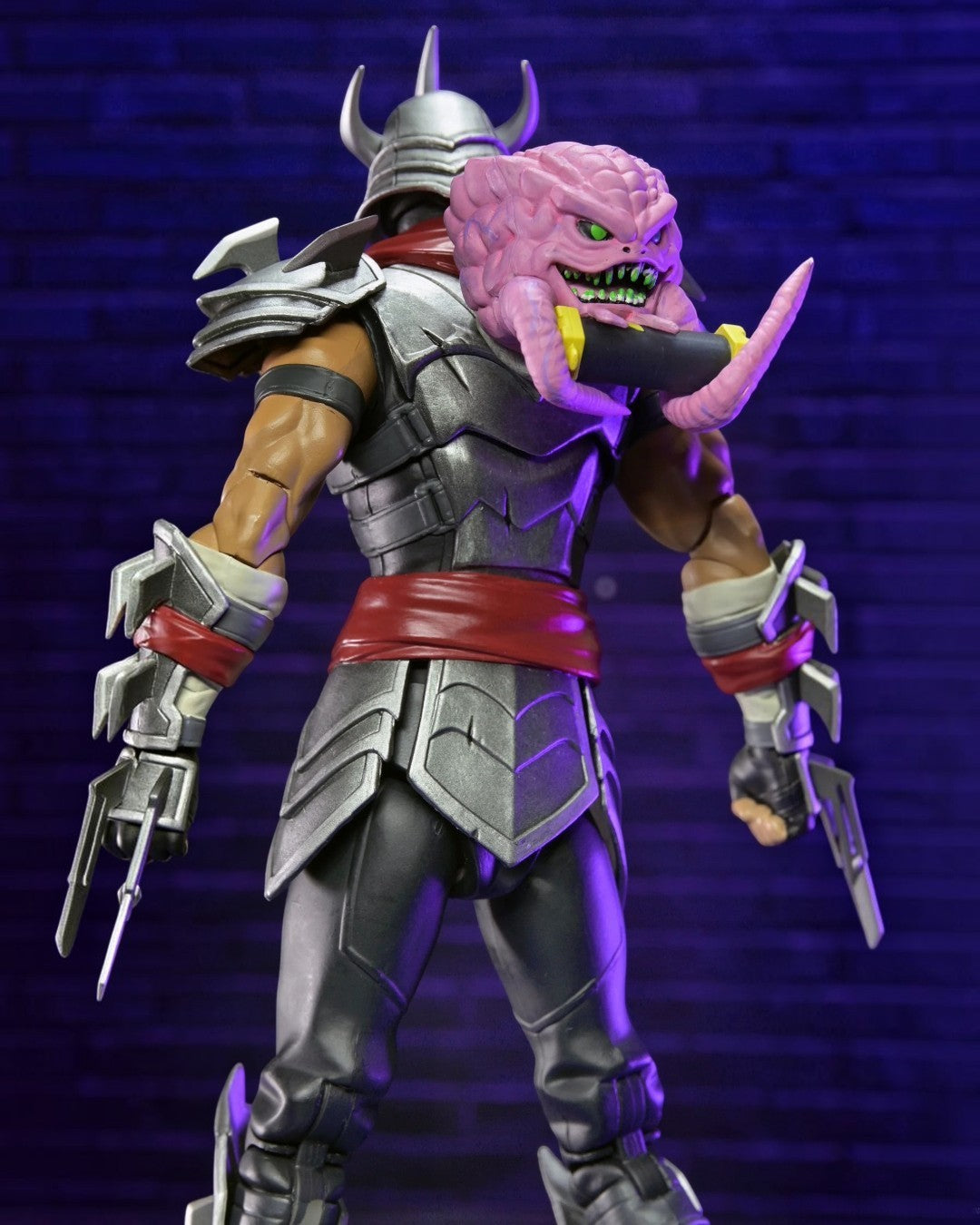 VaultifyUK NECA Fortnite Shredder action figure back view with magnetic Krang Back Bling and detailed silver armour