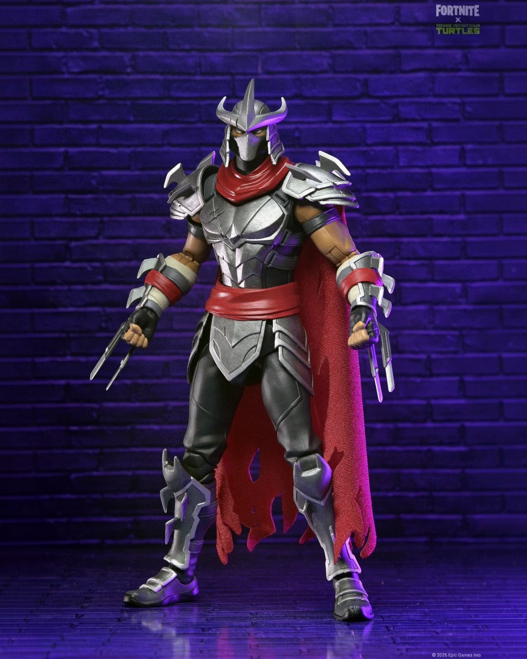 VaultifyUK NECA Fortnite x Teenage Mutant Ninja Turtles Shredder action figure with silver armour and red fabric cape.