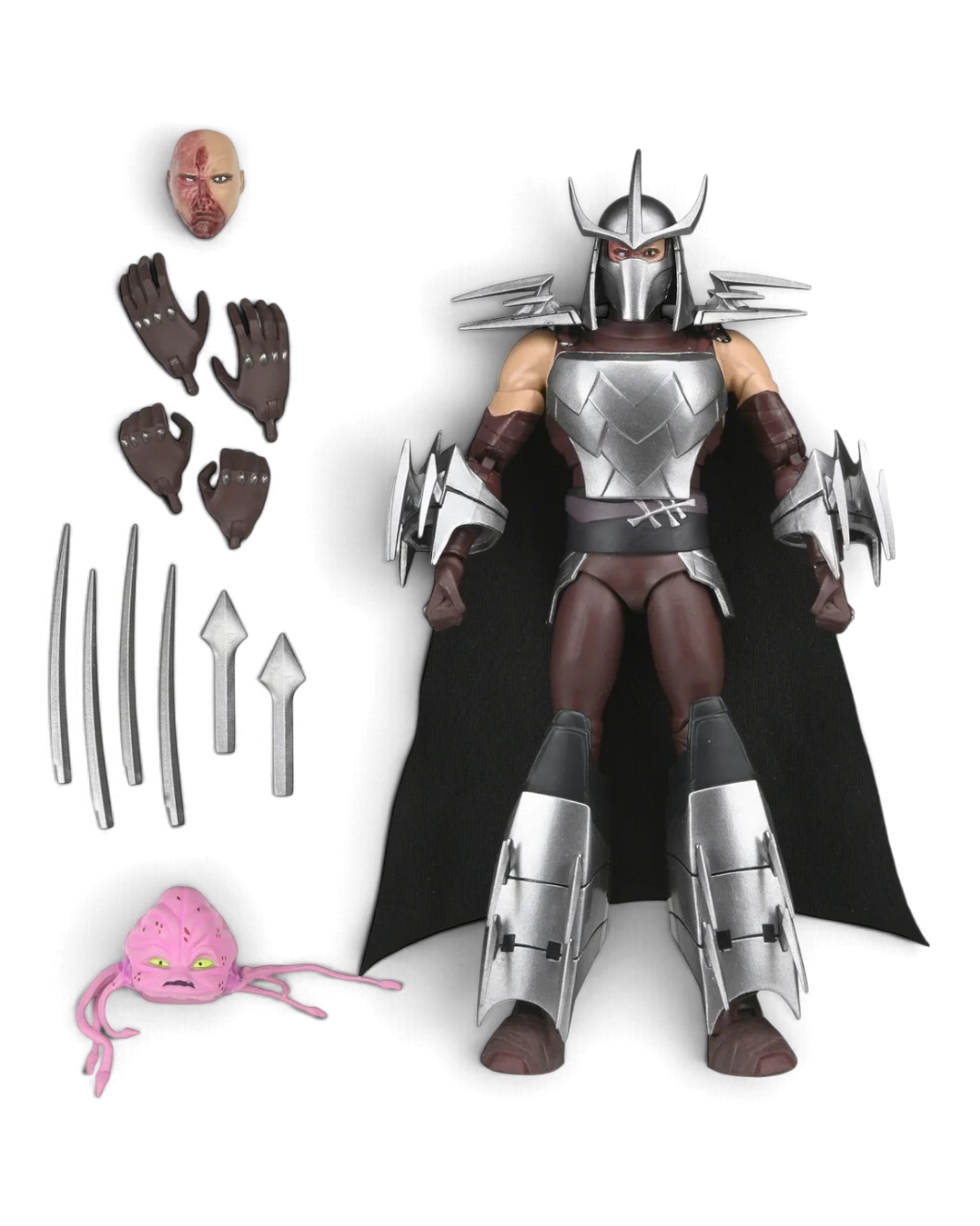 VaultifyUK NECA TMNT 2012 Shredder action figure with interchangeable heads, hands, blades, cape, and Kraang accessory.