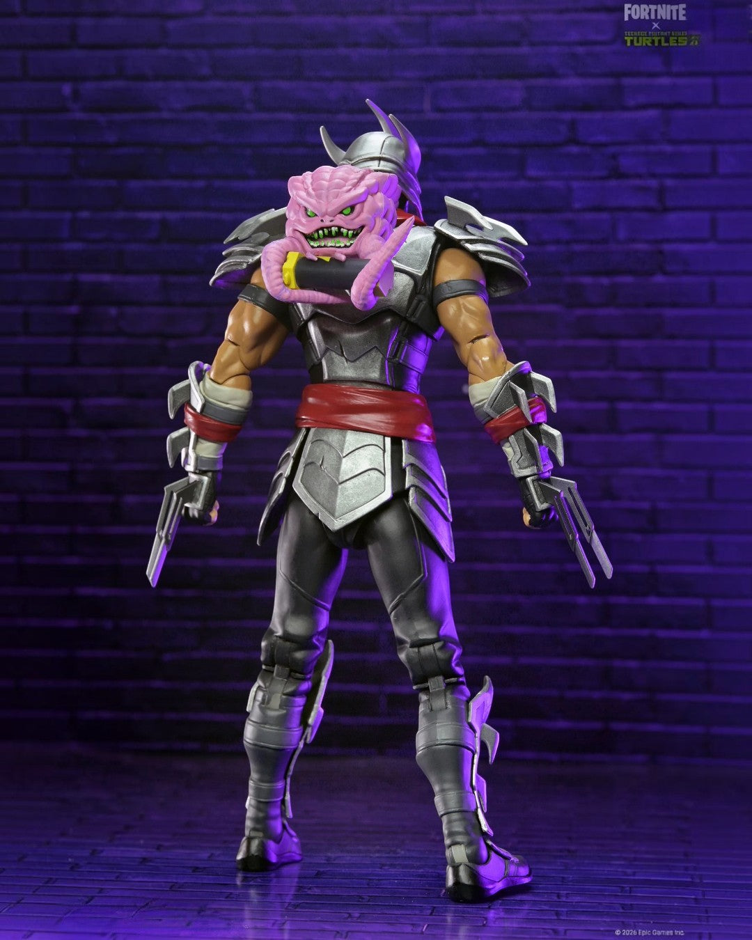 VaultifyUK NECA Fortnite Shredder action figure with magnetic Krang back bling and detailed silver armour