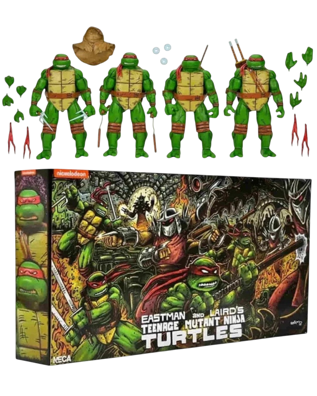 VaultifyUK NECA TMNT Mirage Comics 4-pack action figures with signature weapons, accessories, and collector display box.