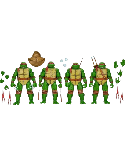 VaultifyUK NECA TMNT Mirage Comics 4-pack action figures with signature weapons, interchangeable parts, and accessories