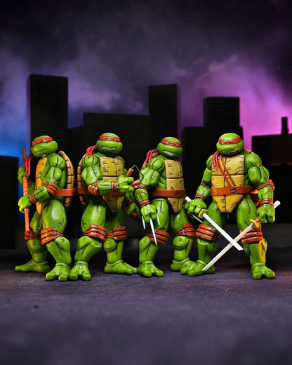 VaultifyUK NECA TMNT Mirage Comics 4-pack action figures featuring Leonardo, Raphael, Michelangelo, and Donatello.
