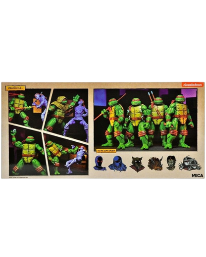 VaultifyUK NECA TMNT Mirage Comics 4-pack action figure packaging showing dynamic poses and character portraits