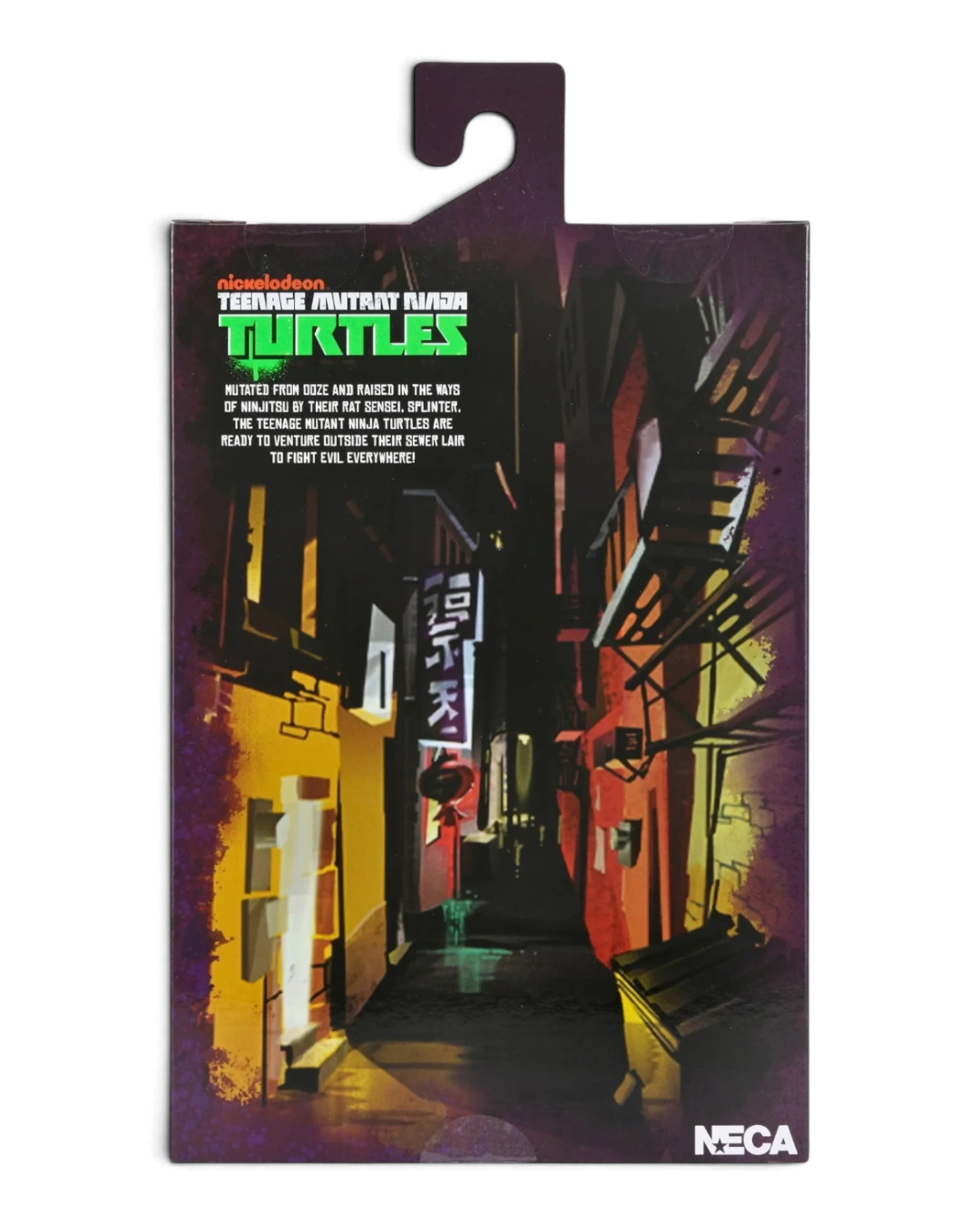 VaultifyUK NECA TMNT Shredder action figure packaging back featuring a dark urban alleyway illustration