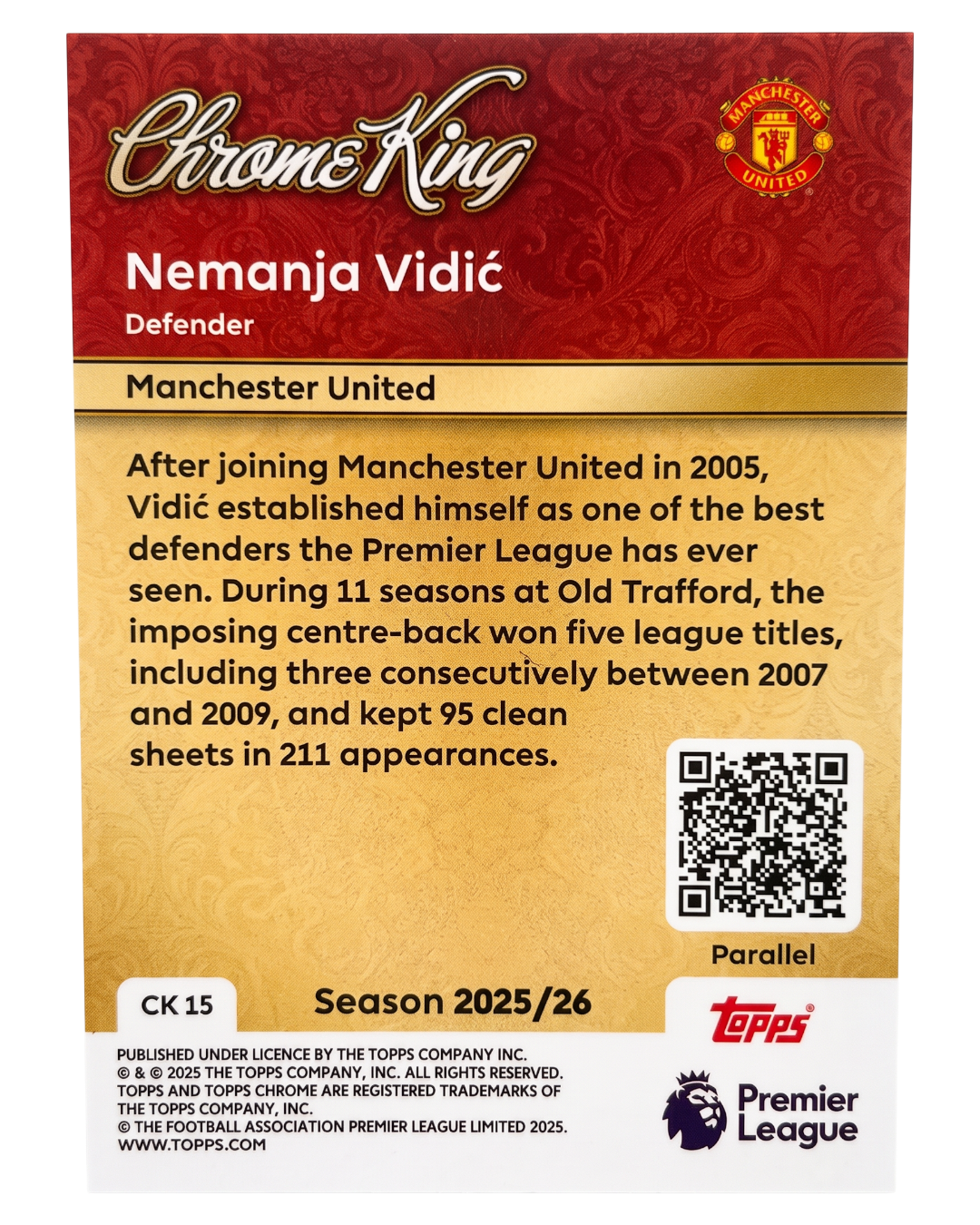 VaultifyUK Topps Premier League 2025/26 Nemanja Vidić Chrome King Emerald Gemstone trading card back view