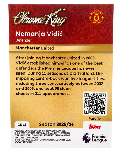 VaultifyUK Topps Premier League 2025/26 Nemanja Vidić Chrome King Emerald Gemstone trading card back view