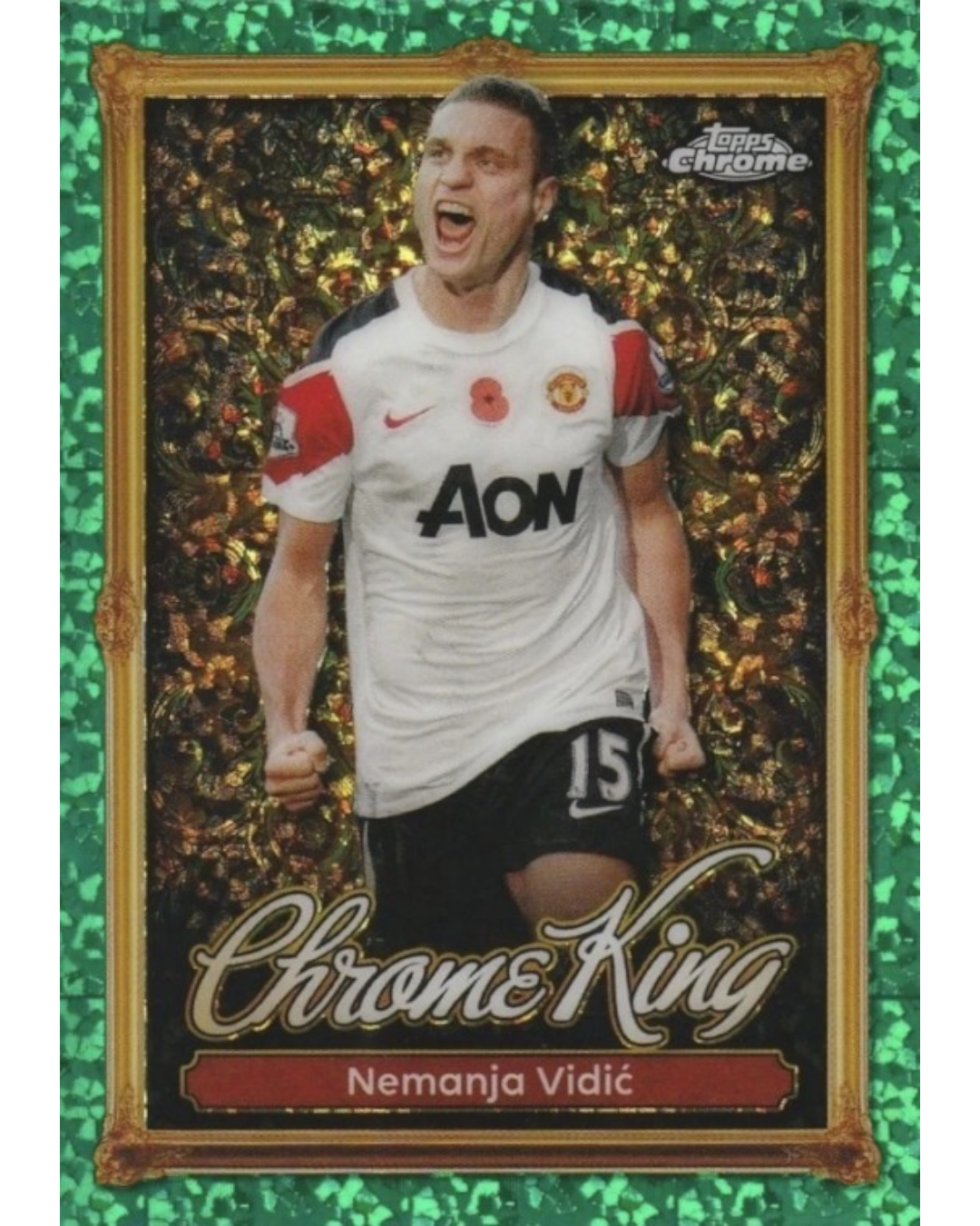 VaultifyUK Topps Premier League 2025/26 Nemanja Vidic Chrome King Emerald Gemstone trading card with green finish.