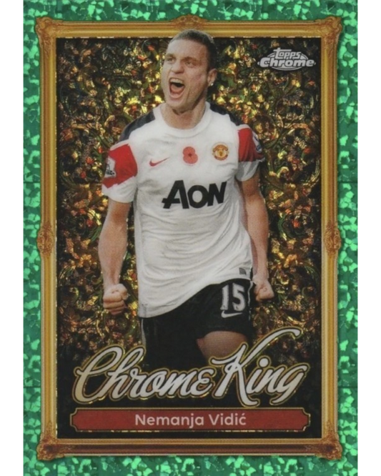 VaultifyUK Topps Premier League 2025/26 Nemanja Vidic Chrome King Emerald Gemstone trading card with green finish.