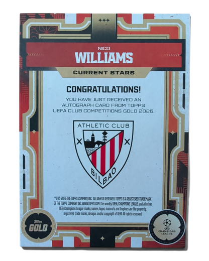 VaultifyUK Topps UCC Gold 2025/26 Nico Williams Current Stars orange autograph card back with Athletic Club crest