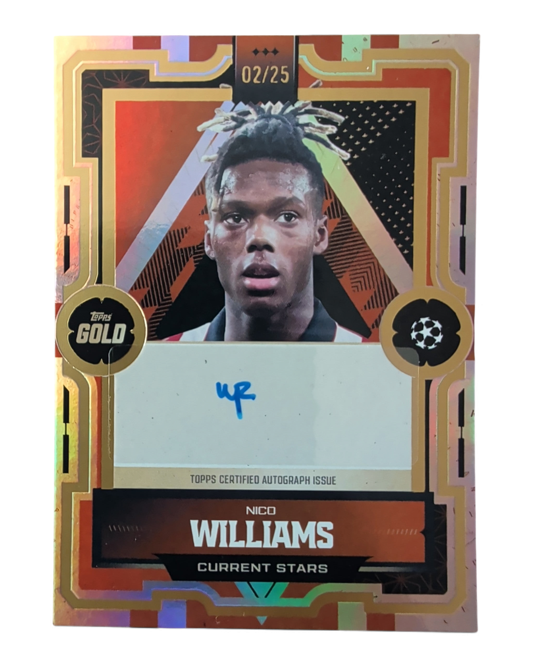 VaultifyUK Topps UCC Gold 2025/26 Nico Williams Orange autograph card, numbered 02/25 with a gold-framed design.