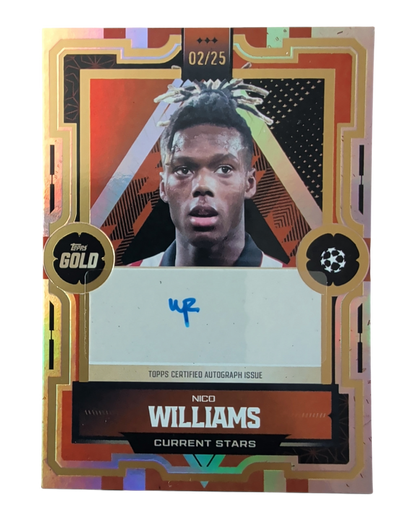 VaultifyUK Topps UCC Gold 2025/26 Nico Williams Orange autograph card, numbered 02/25 with a gold-framed design.