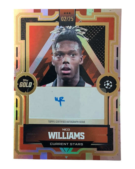 VaultifyUK Topps UCC Gold 2025/26 Nico Williams Orange autograph card, numbered 02/25 with a gold-framed design.