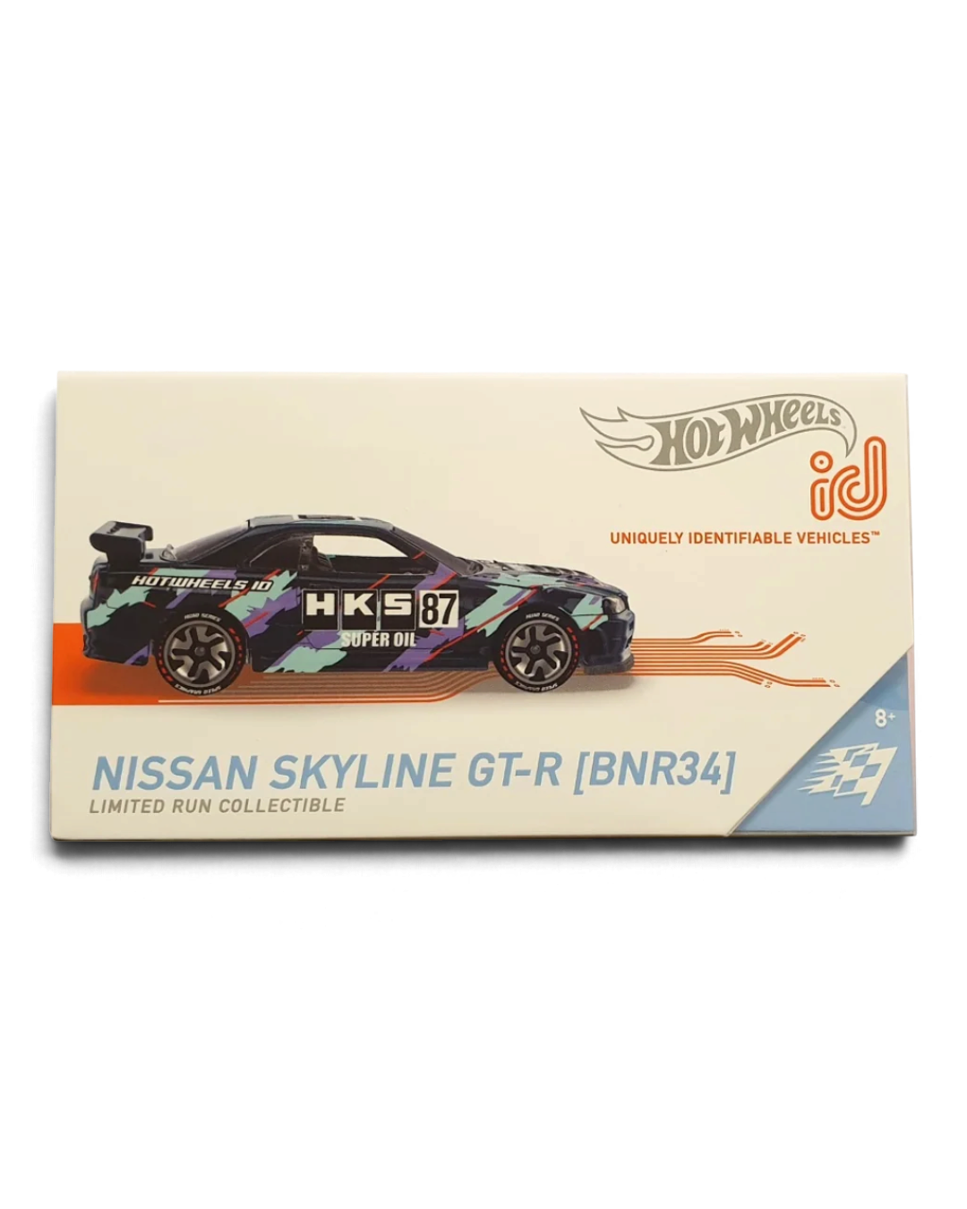 VaultifyUK Hot Wheels iD Nissan Skyline GT-R BNR34 limited run die-cast car in branded collector packaging
