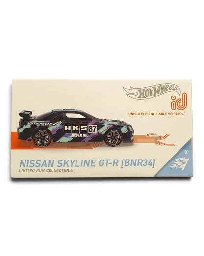 VaultifyUK Hot Wheels iD Nissan Skyline GT-R BNR34 limited run die-cast car in branded collector packaging