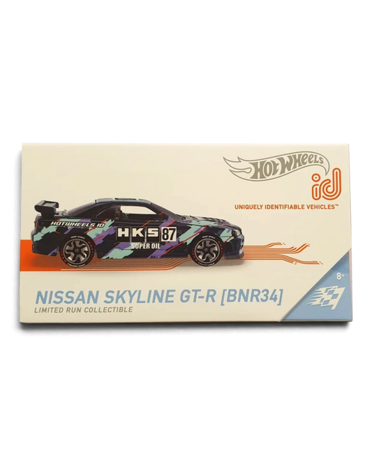 VaultifyUK Hot Wheels iD Nissan Skyline GT-R BNR34 limited run die-cast car in branded collector packaging