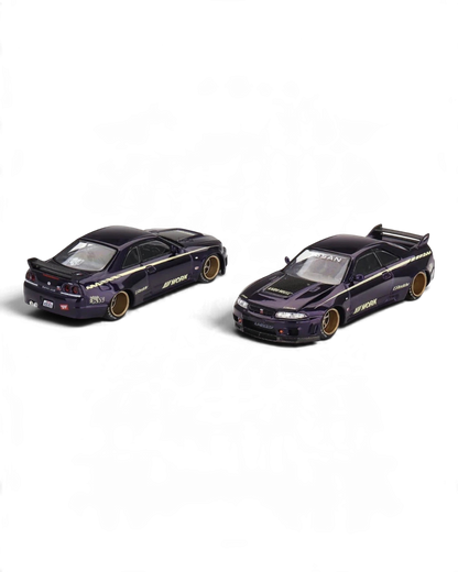 VaultifyUK Kaido House x MINI GT Nissan Skyline GT-R R33 Kaido Works V1 diecast model in purple with bronze wheels