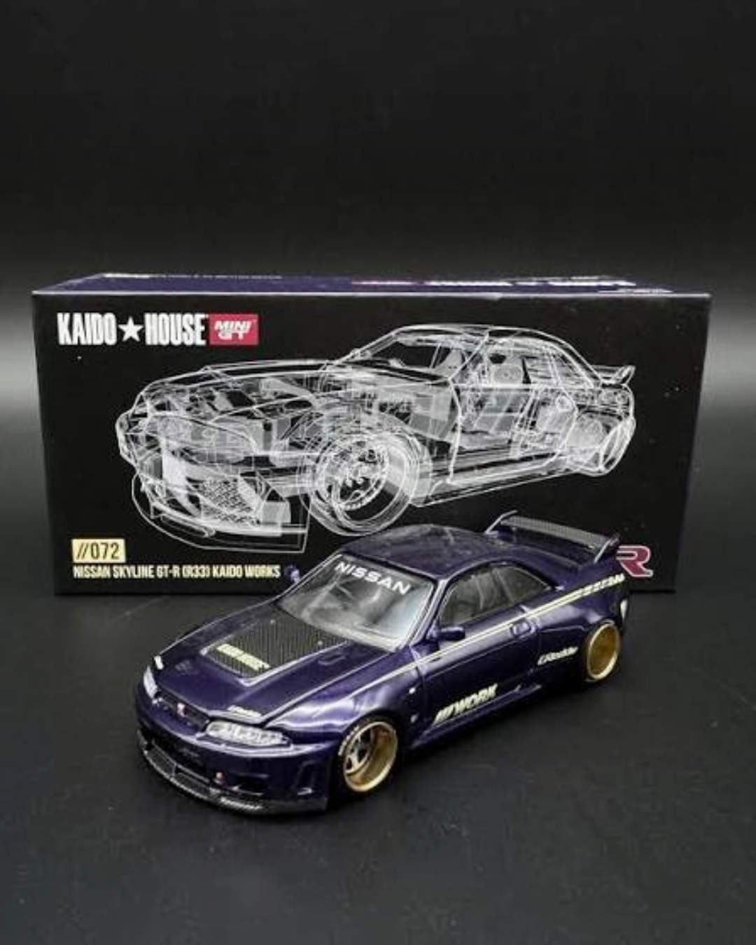 VaultifyUK Kaido House x MINI GT Nissan Skyline GT-R R33 Kaido Works V1 diecast car in purple with bronze wheels.