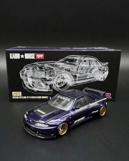 VaultifyUK Kaido House x MINI GT Nissan Skyline GT-R R33 Kaido Works V1 diecast car in purple with bronze wheels.