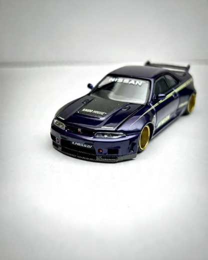 VaultifyUK Kaido House x MINI GT Nissan Skyline GT-R R33 in glossy purple with bronze wheels and carbon detailing.