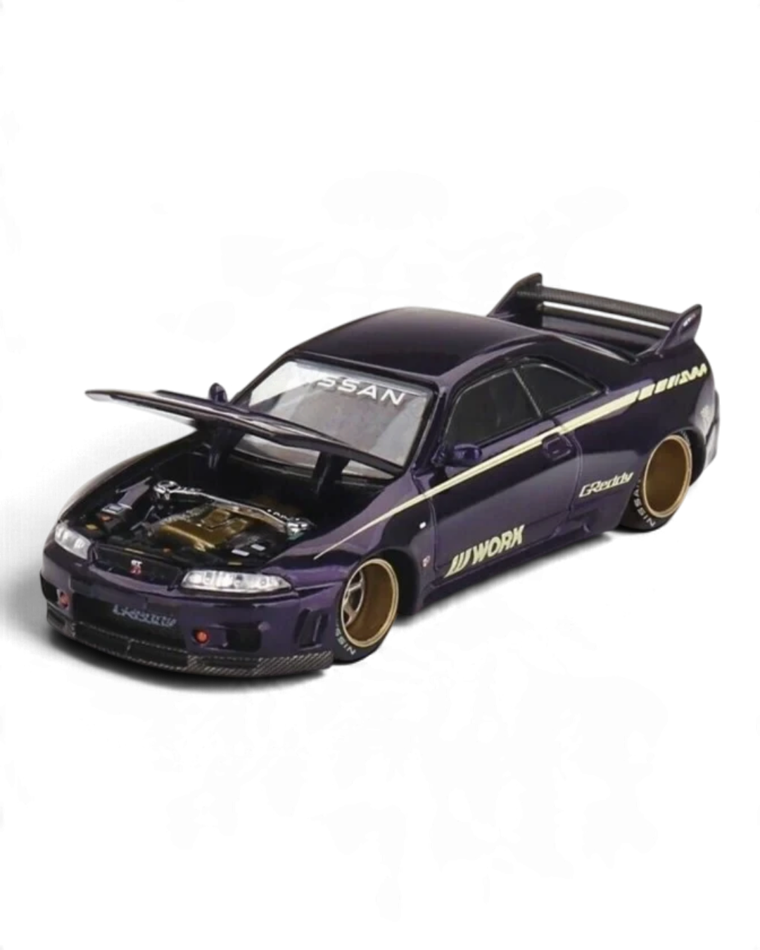 VaultifyUK Kaido House x MINI GT Nissan Skyline GT-R R33 in glossy purple with bronze wheels and opening bonnet