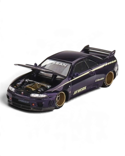 VaultifyUK Kaido House x MINI GT Nissan Skyline GT-R R33 in glossy purple with bronze wheels and opening bonnet