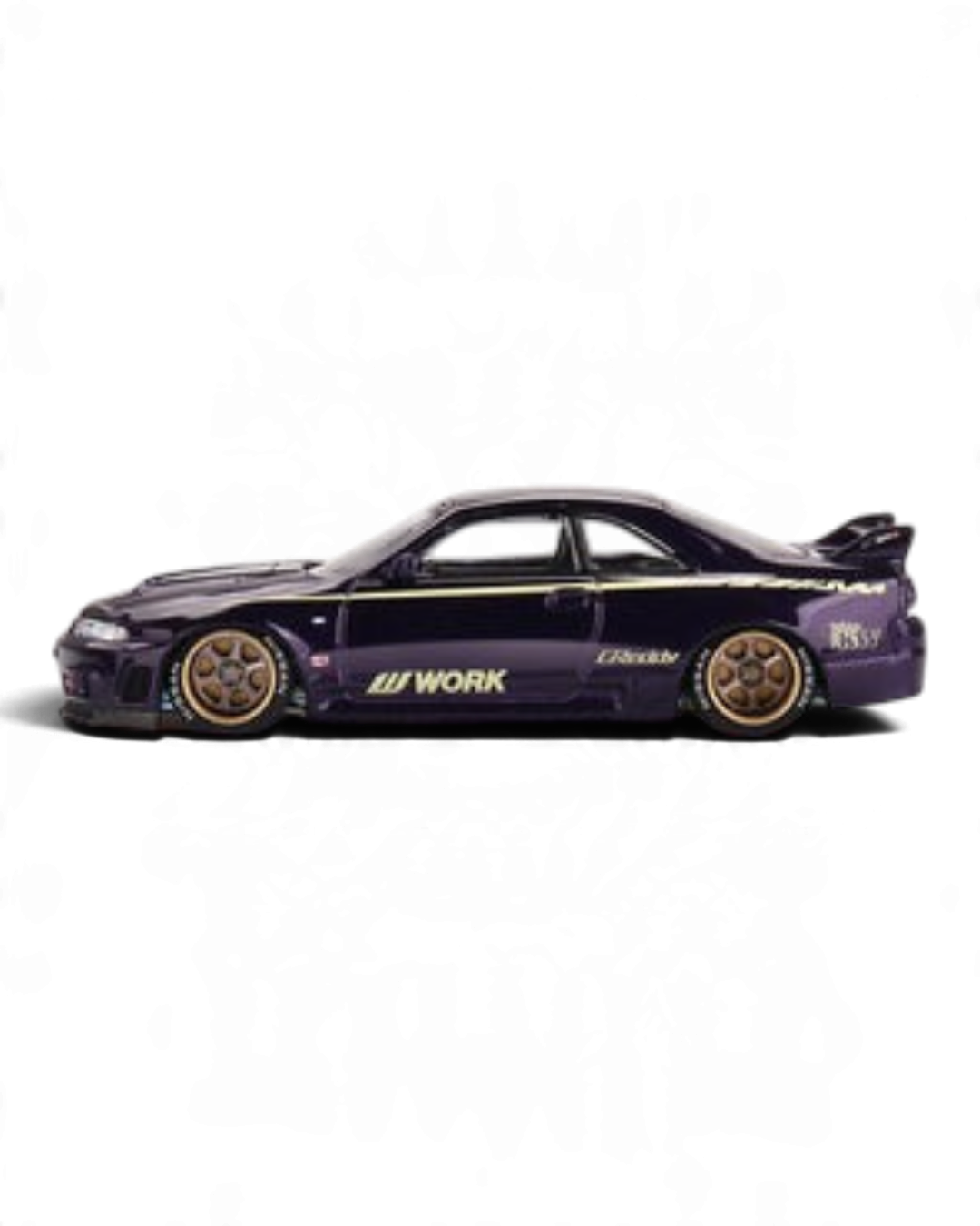 VaultifyUK Kaido House x MINI GT Nissan Skyline GT-R R33 in glossy purple with bronze wheels and custom decals