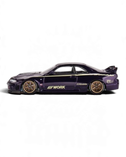 VaultifyUK Kaido House x MINI GT Nissan Skyline GT-R R33 in glossy purple with bronze wheels and custom decals