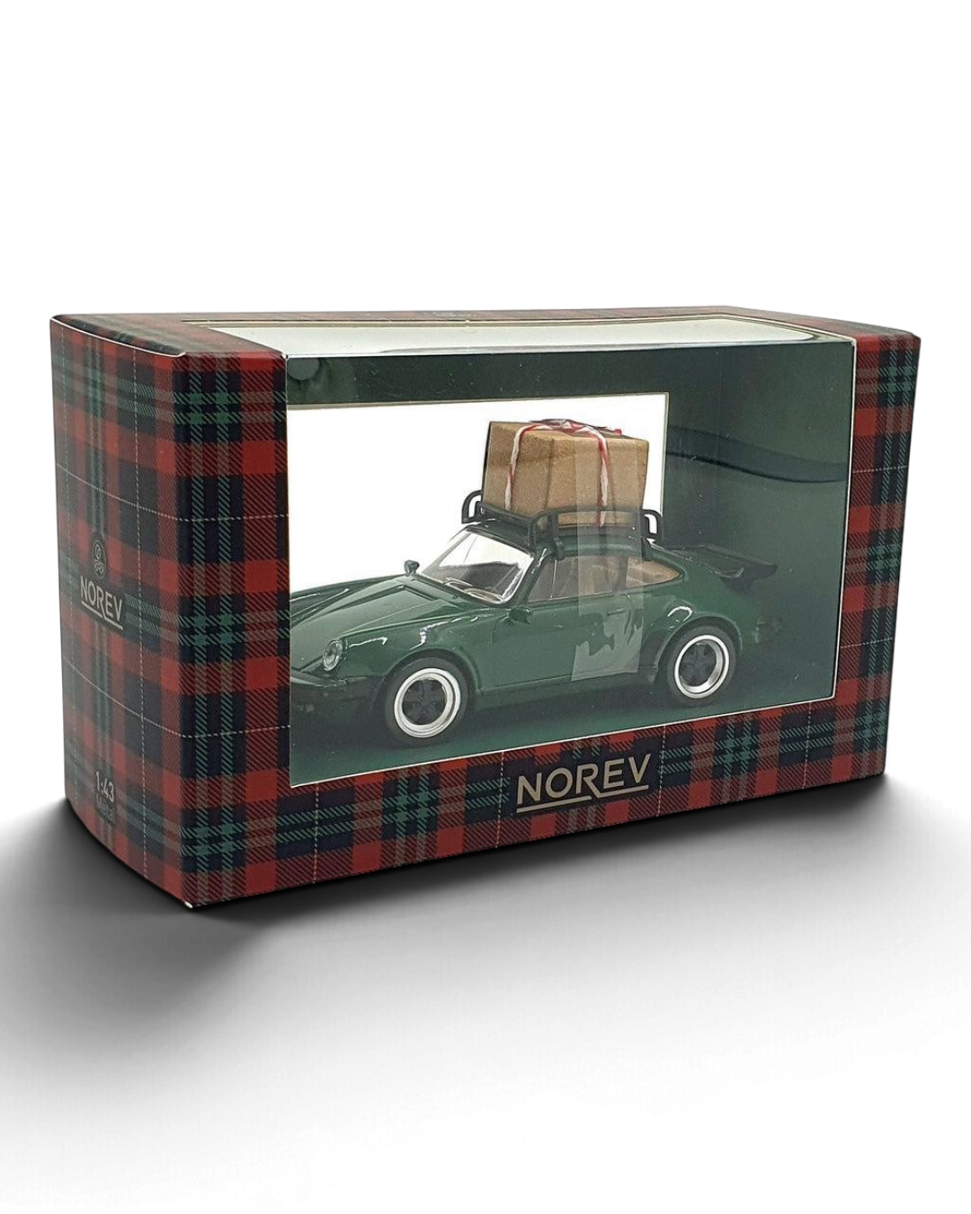 VaultifyUK Norev 1:43 scale 1978 Porsche 911 Turbo Christmas Edition in green with a gift box on the roof rack