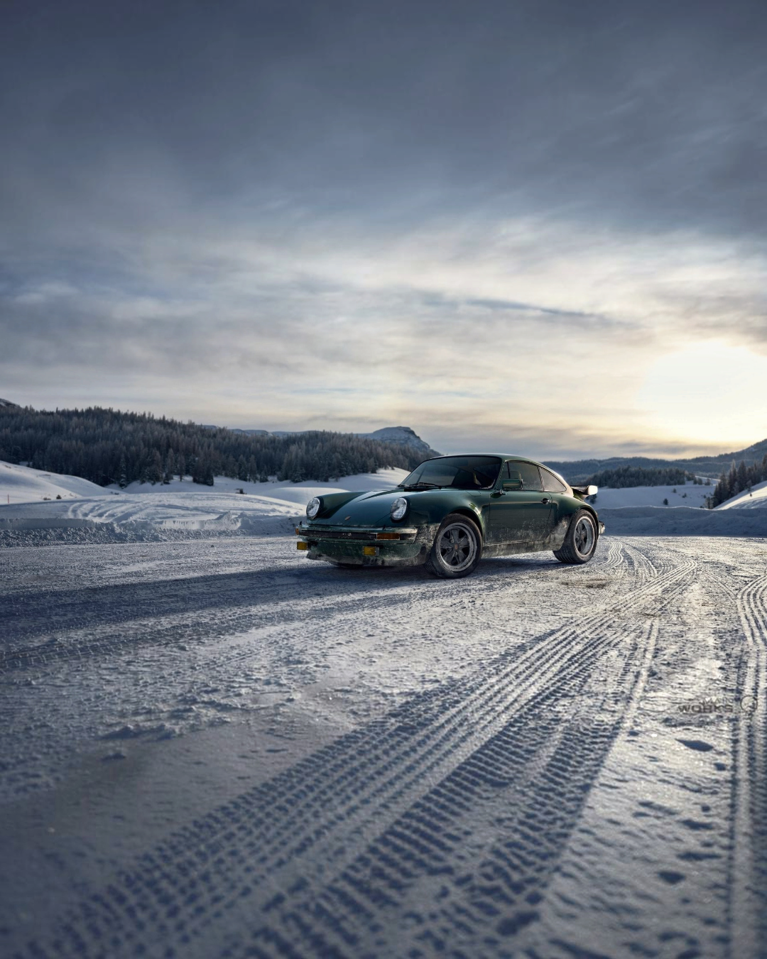 VaultifyUK Norev 1978 Porsche 911 Turbo Christmas Edition diecast model car in green on a snowy winter landscape