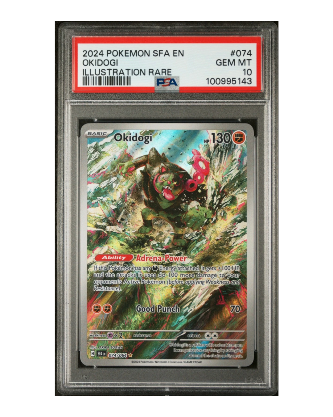 VaultifyUK PSA 10 Gem Mint Okidogi 074/064 Illustration Rare card from the 2024 Pokemon Shrouded Fable set.