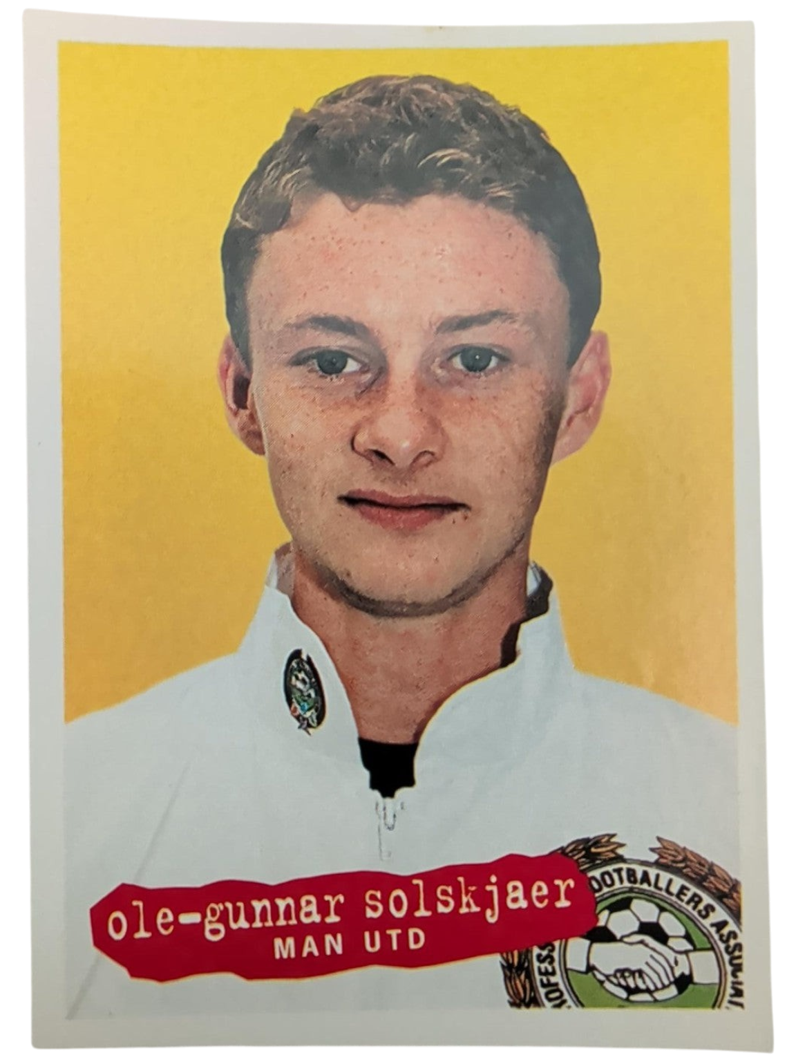 VaultifyUK 1996 Panini PFA football sticker featuring a young Ole Gunnar Solskjær in a Manchester United kit