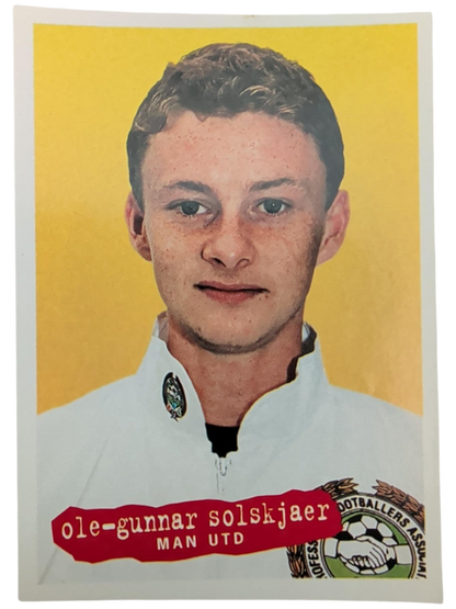 VaultifyUK 1996 Panini PFA football sticker featuring a young Ole Gunnar Solskjær in a Manchester United kit