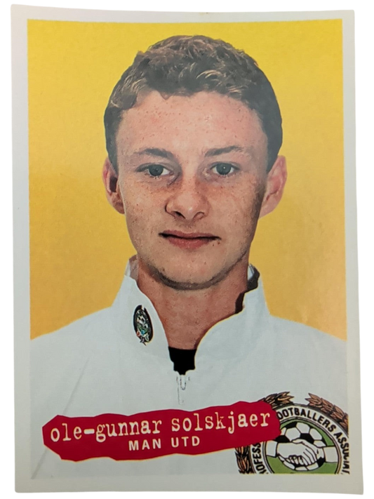 VaultifyUK 1996 Panini PFA football sticker featuring a young Ole Gunnar Solskjær in a Manchester United kit