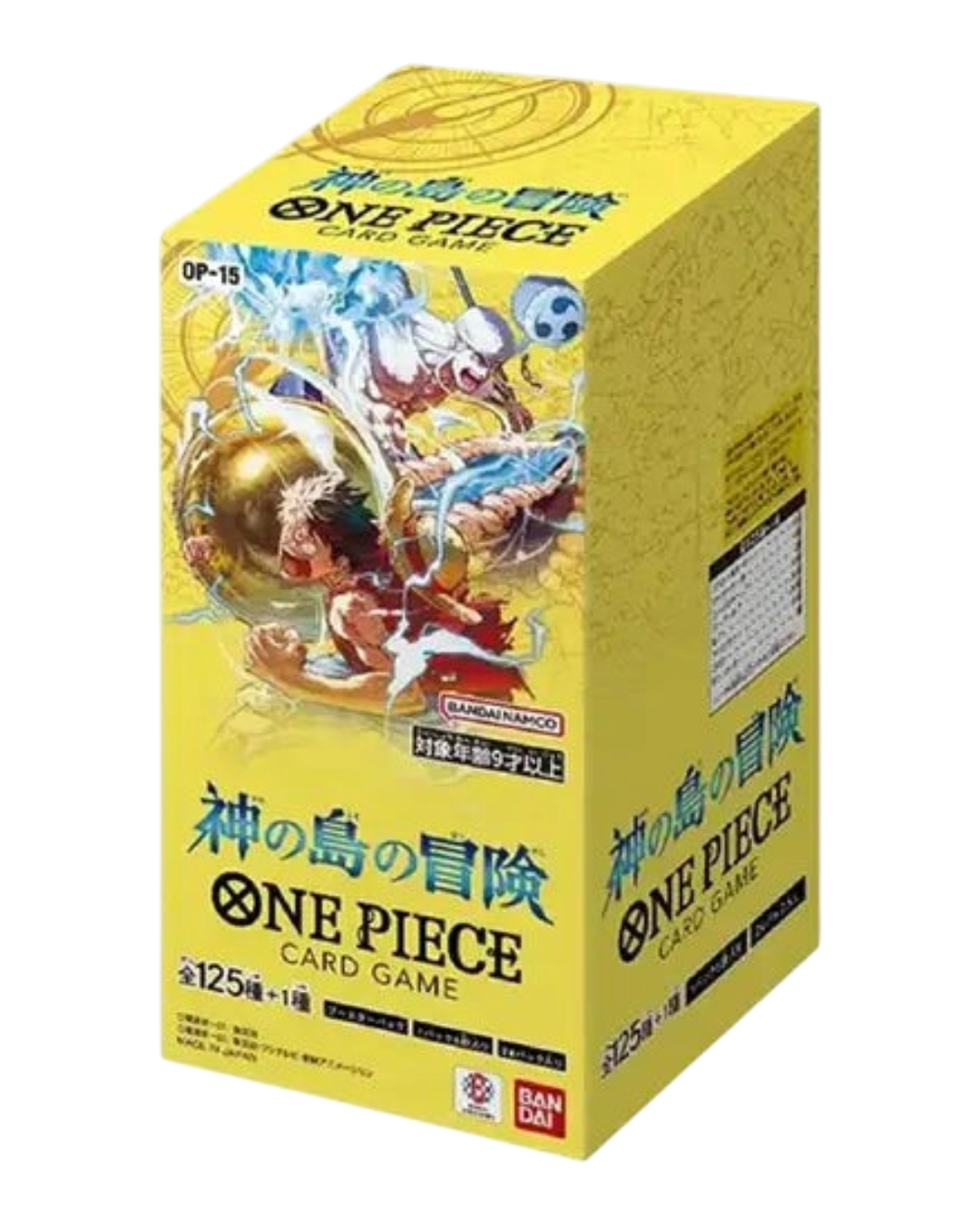 VaultifyUK sealed Japanese ONE PIECE OP-15 Adventure on KAMI's Island booster box featuring Luffy and Enel artwork.