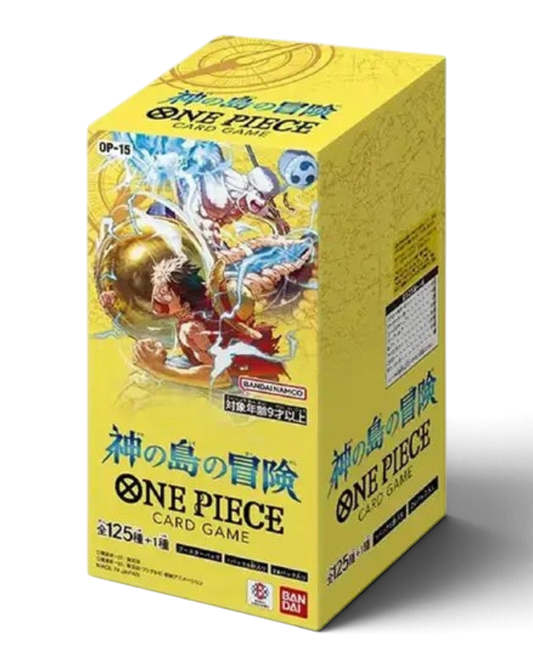 VaultifyUK sealed Japanese ONE PIECE OP-15 Adventure on KAMI's Island booster box featuring Luffy and Enel artwork.