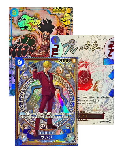 VaultifyUK One Piece OP-11 Japanese booster pack trading cards featuring Sanji and Luffy character artwork