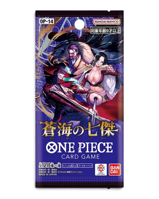 VaultifyUK ONE PIECE OP-14 The Azure Sea's Seven Japanese booster pack featuring Seven Warlords of the Sea artwork.