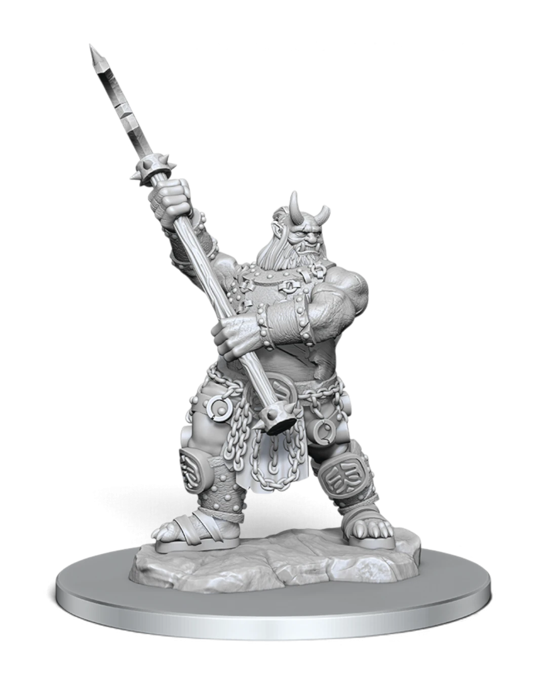 VaultifyUK Critical Role Oni unpainted miniature holding a large glaive, featuring detailed armor and horns.
