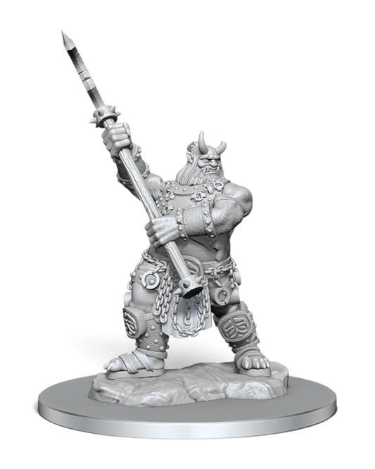 VaultifyUK Critical Role Oni unpainted miniature holding a large glaive, featuring detailed armor and horns.