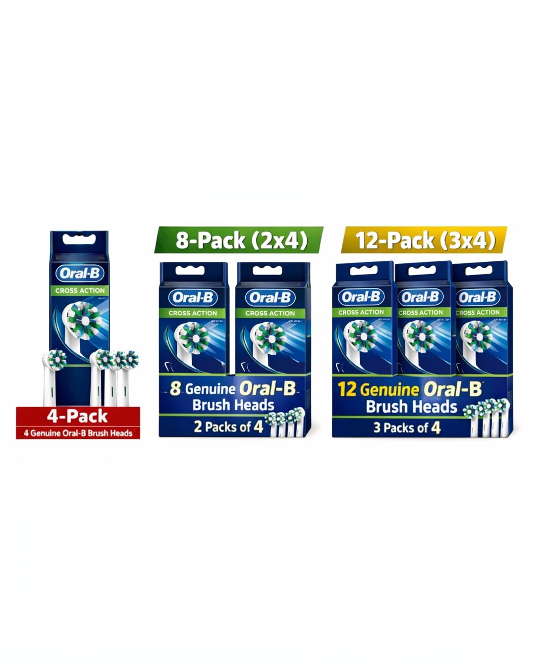 VaultifyUK Oral-B CrossAction electric toothbrush replacement head multi-packs in 4, 8, and 12 count options.