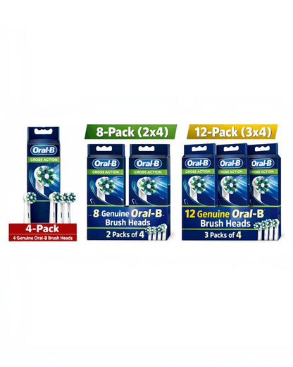 VaultifyUK Oral-B CrossAction electric toothbrush replacement head multi-packs in 4, 8, and 12 count options.