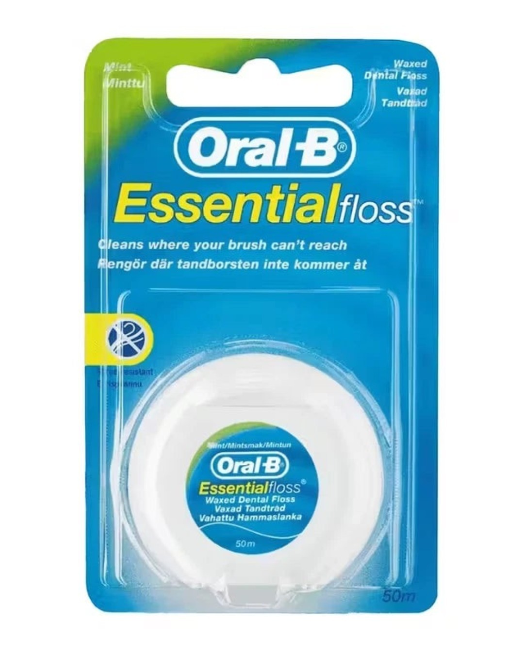 VaultifyUK Oral-B Essential Waxed Dental Floss in mint flavour, 50m roll in original retail packaging.